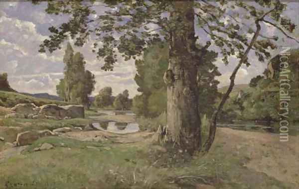 Le grand arbre au bord de la riviere Oil Painting - Henri-Joseph Harpignies