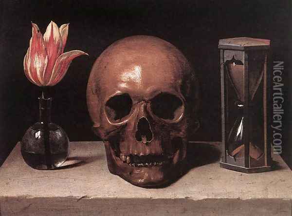 Vanitas Still Life with a Tulip, Skull and Hour-Glass Oil Painting - Philippe de Champaigne