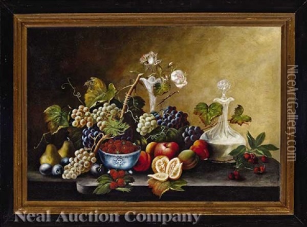 A Painted Porcelain Bowl And Two Crystal Vessels With Grapes, Pears, Plums, Strawberries, Peaches And Cherries, And An Apple And Orange Oil Painting - Severin Roesen