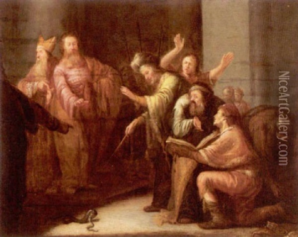 Moses Throws Aaron's Rod Before Pharoah Oil Painting - Leonard Bramer