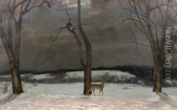 Evening Or Hungry Deer Approaching Near To Human Habitation Oil Painting - William Wallace Gilchrist