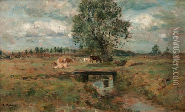 Landscape With Creek And Cows Oil Painting - Rudolf Hoeckner