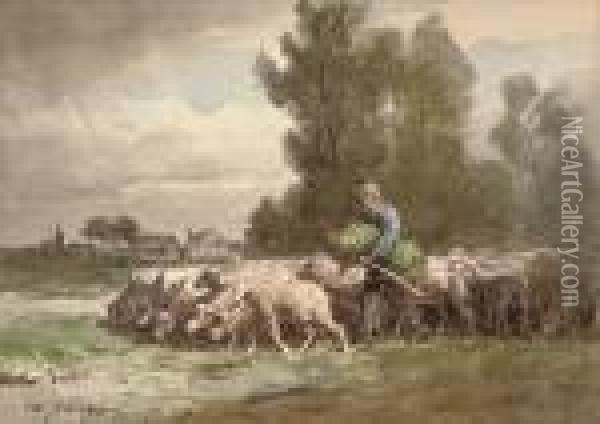 Leading The Flock To Pasture Oil Painting - Charles Emile Jacque