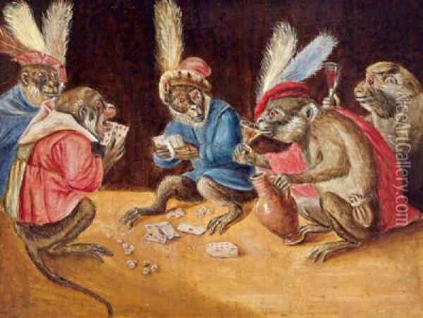 Riunione Di Scimmie Che Giocano A Carte Oil Painting - David The Younger Teniers