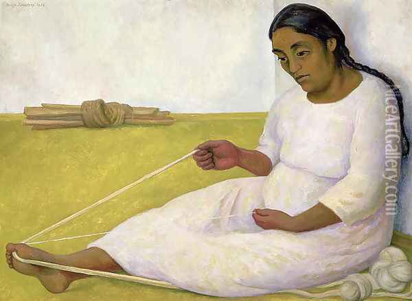 Indian Spinning Oil Painting - Diego Rivera