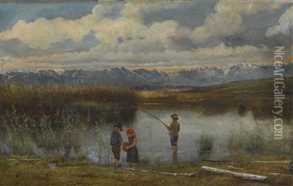 Kinder Am Ufer Eines Moorweihers In Vorgebirgslandschaft Oil Painting - Rudolf Hirth Du Frenes