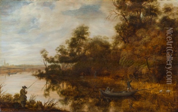 Flusslandschaft Mit Boot, Jager Und Fischer Oil Painting - Salomon van Ruysdael