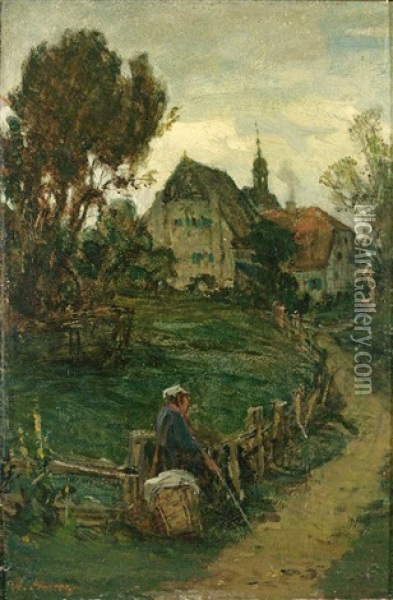 Rastender Wanderer Vor Grosem Hofgut Oil Painting - Wilhelm August Lebrecht Amberg