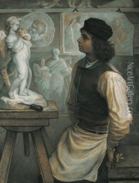 Le Jeune Sculpteur Dans Son Atelier. [, A Young Sculptor In His Studio; Pastel, Signed.] Oil Painting - Jean-Pierre J.Alfred Bellet Du Poisat