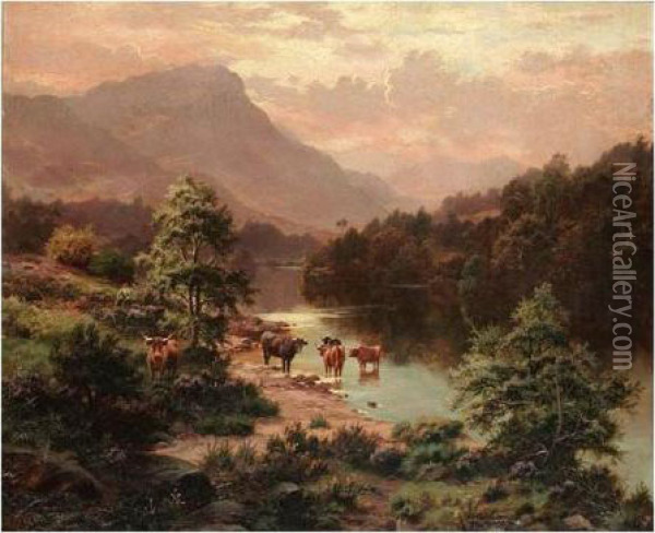Cattle By A River Oil Painting - Edgar Longstaffe