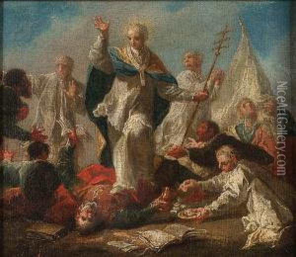 A Bishop Saint Administering The Last Rites To A Fallen Soldier Oil Painting - Anton Weiss