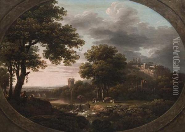 Figures And Animals In A Landscape, A Castle And Abbey Ruins Beyond Oil Painting - John Collet