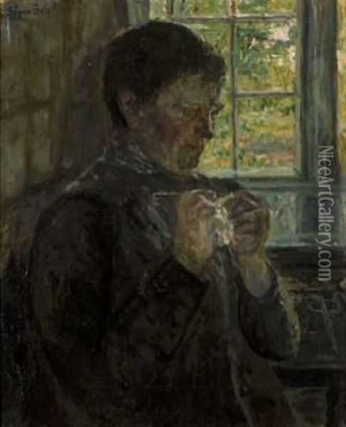 Fru Schneider Ved Vinduet Oil Painting - Signe Scheel