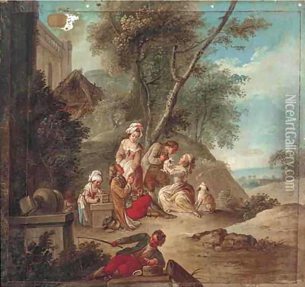 Amorous couples in a garden with children and a young fisherman, the sea beyond Oil Painting - Jean Baptiste Leprince