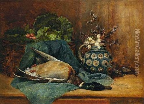 Stillleben Mit Stockente, Gemuse Und Blumen Oil Painting - Ludwig Eibl