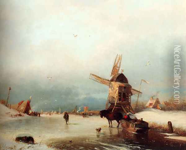 A Winter Landscape With A Horse-drawn Sledge On A Frozen River By A Windmill Oil Painting - Carl Hilgers