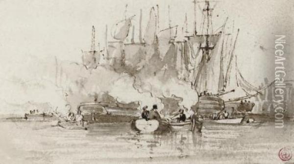 Warships Firing A Salute Oil Painting - Edward Duncan