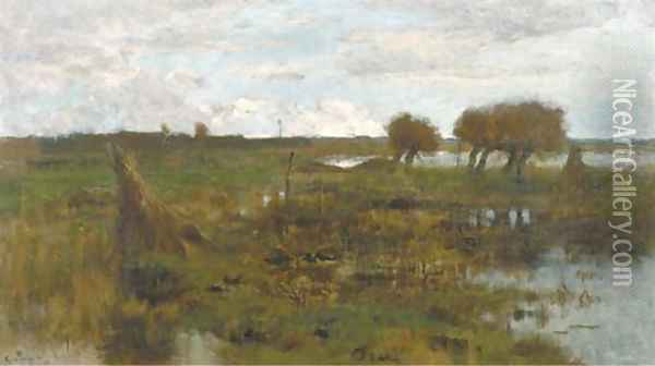 A polder landscape with willows Oil Painting - Geo Poggenbeek