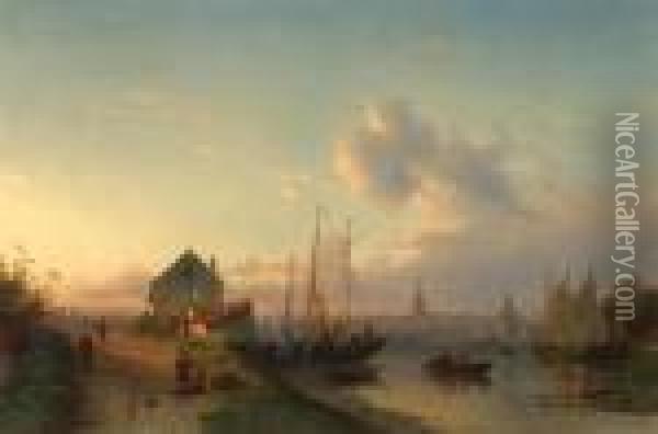 River Landscape With View Of Haarlem Oil Painting - Charles Henri Leickert