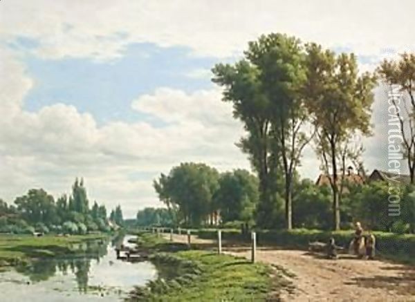 A Summer Landscape With Figures Walking Along A Waterway Oil Painting - Jacob Jan van der Maaten