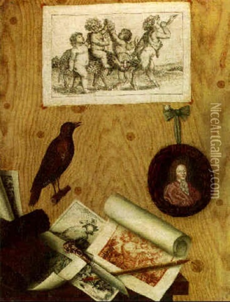 Trompe L'oeil: Prints And Drawings And Other Objects On A Table Oil Painting - Antonio (lo Scarpetta) Mara