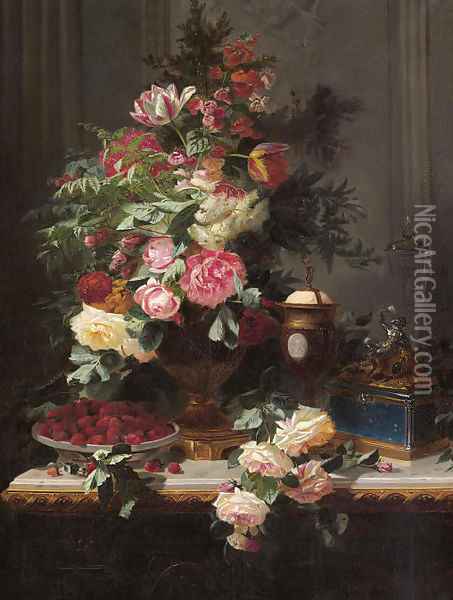Still Life with Roses and Wild Strawberries Oil Painting - Jean-Baptiste Robie