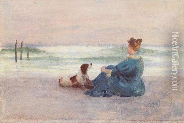 Mrs. Anshutz And Dog At Holly Beach Oil Painting - Thomas Pollock Anschutz