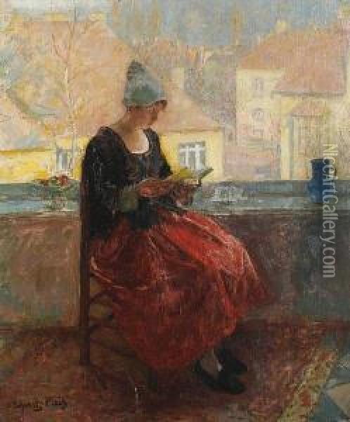 A Young Woman Reading On A Balcony Oil Painting - Carl Schmitz-Pleis