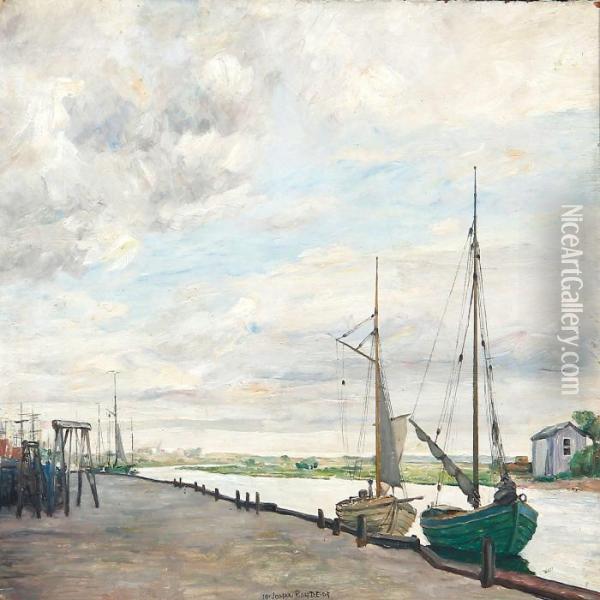 Ships At The Bulwark In Ribe Oil Painting - Johan Gudmann Rohde