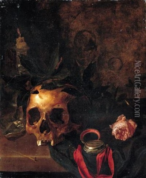 A Vanitas Still Life With A Skull, Rose And Pocket-watch, All Laid Out On A Draped Table Oil Painting - Nicolas de Largilliere