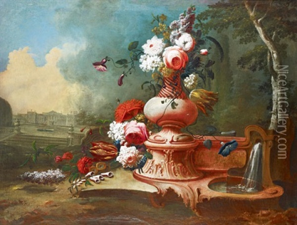 Nature Morte Aux Fleurs Avec Fontaine, Un Palais Dans Le Lointain Oil Painting - Giuseppe Lavagna