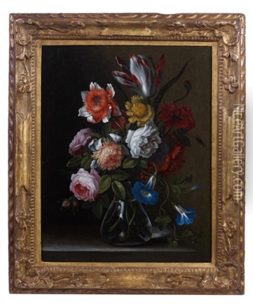 Bouquet De Fleurs Dans Un Vase En Verre Oil Painting - Antoine Monnoyer