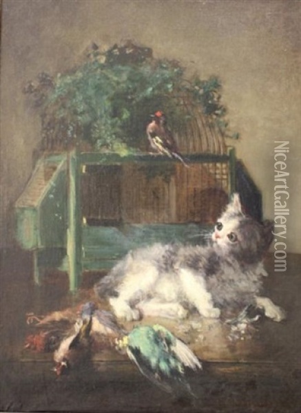 Chat Jouant Avec Des Oiseaux Oil Painting - Charles Monginot
