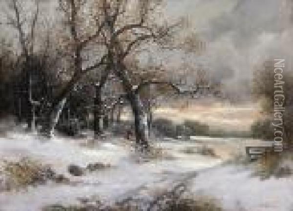 Pejzaz Zimowy Ze Zbierajacymi Chrust Pod Debami, 4. Cw. Xix W. Oil Painting - Adolf Kaufmann