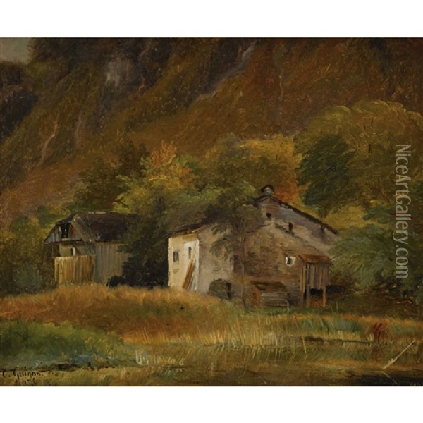 Berglandschaft Mit Bauernhausern Oil Painting - Charles Louis Guigon