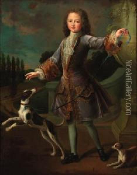 Portrait Of A Young Gentleman, 
Standing Full-length, In A Lilaccoat With Gold Embroidery And A Lace 
Cravat, With Two Dogs In Agarden Oil Painting - Alexis Simon Belle
