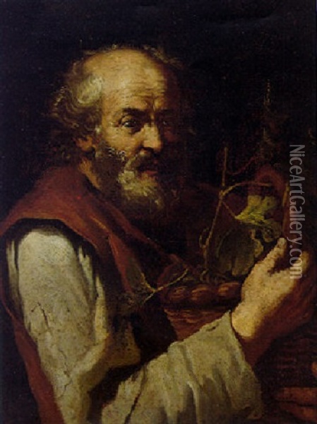 Bearded Peasant Holding A Basket Containing Vine Leaves Oil Painting - Bernhard Keil