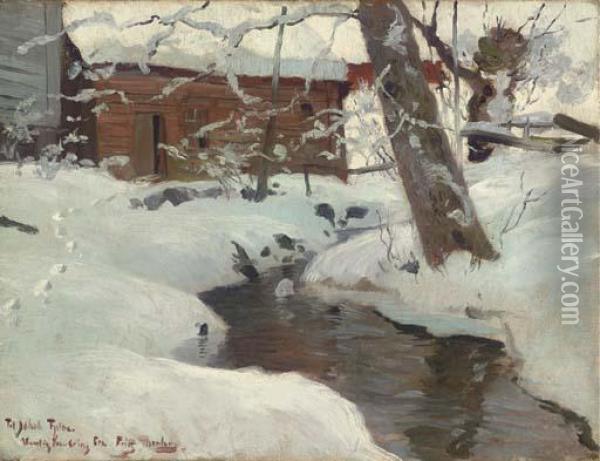 A Snow-covered Cottage By A Stream Oil Painting - Fritz Thaulow