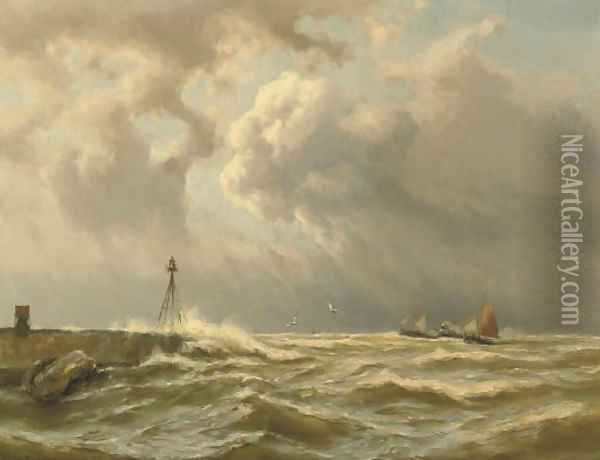 Sailing ships and a paddle steamer by a coast Oil Painting - Johannes Hermanus Koekkoek