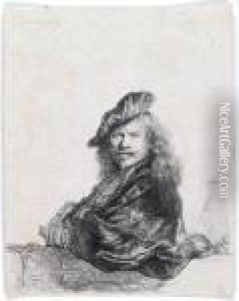 Self Portrait Leaning On A Stone Sill Oil Painting - Rembrandt Van Rijn