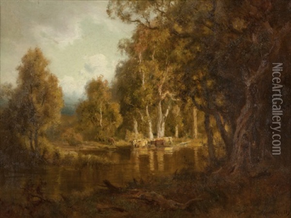 Cattle Watering Near A Woodland Pond Oil Painting - Gordon Coutts