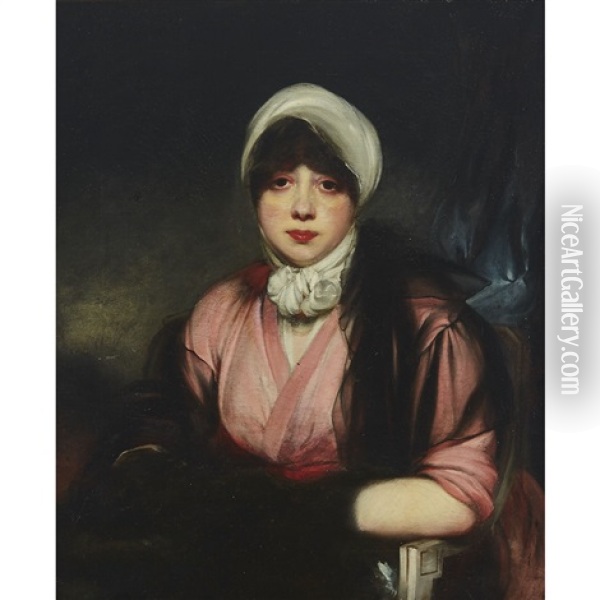 Miss Cooper (full Face, Dark Hair With White Headdress Seated Three-quarter Length In A Chair Wearing A Pink Dress With Black Veil Draped Over Her Left Shoulder And Right Arm, A Landscape Beyond With A Blue Curtain At Right) Oil Painting - John Opie