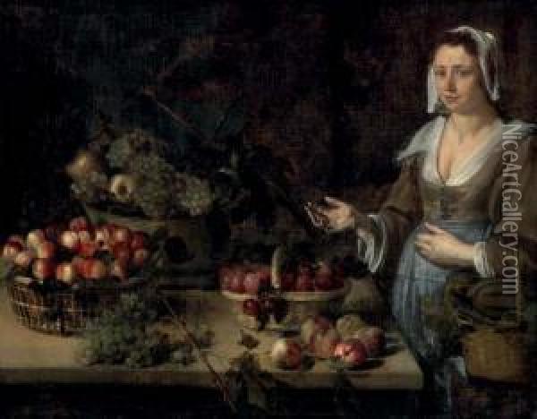 A Serving Girl Next To A Table With Baskets Of Melons, Plums, Peaches, Apples And Grapes Oil Painting - Louise Moillon