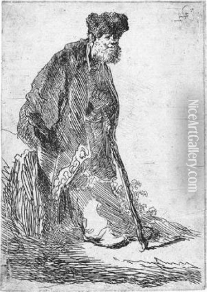 Man In A Coat And Fur Cap Leaning Against A Bank (b., Holl.151; H.14; Bb.30-6) Oil Painting - Rembrandt Van Rijn