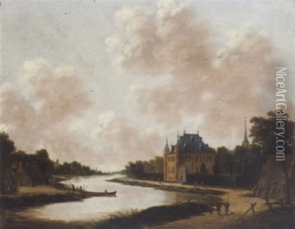 A River Landscape With A Villa On An Embankment, Travellers And Fishermen Outside Cottages Nearby Oil Painting - Jan Meerhout