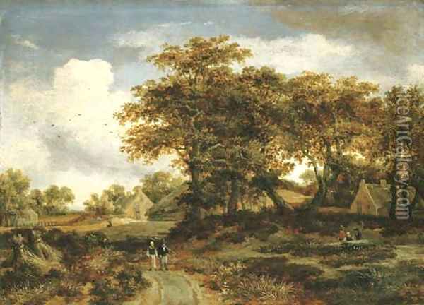 A wooded landscape with peasants and a village Oil Painting - Meindert Hobbema