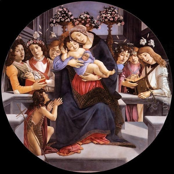 Virgin and Child with Six Angels and the Baptist Oil Painting - Sandro Botticelli