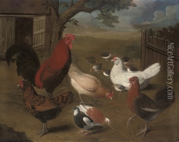 A Cockerel, Hens And Chicks And Other Birds In A Farmyard Oil Painting - Louis (Lewis) Hubner