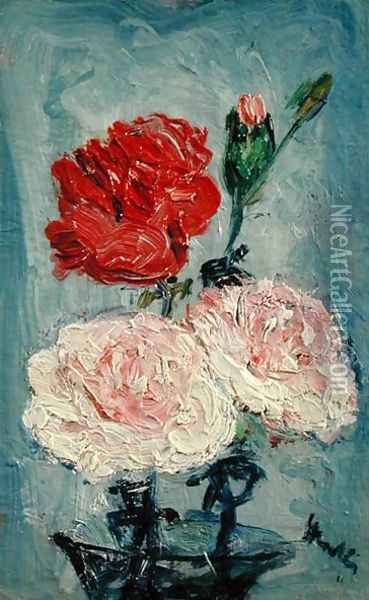 Carnations in a Glass Vase Oil Painting - George Leslie Hunter