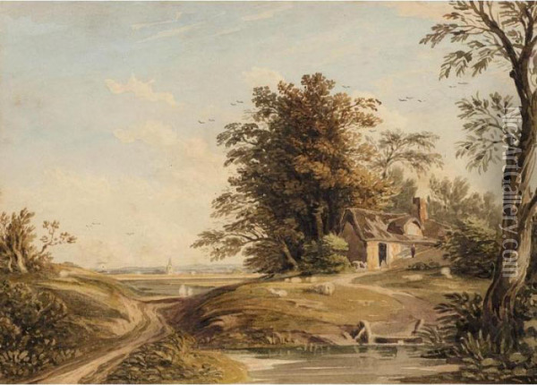 Sheep Grazing By A Cottage, A Church In The Distance Oil Painting - John Varley